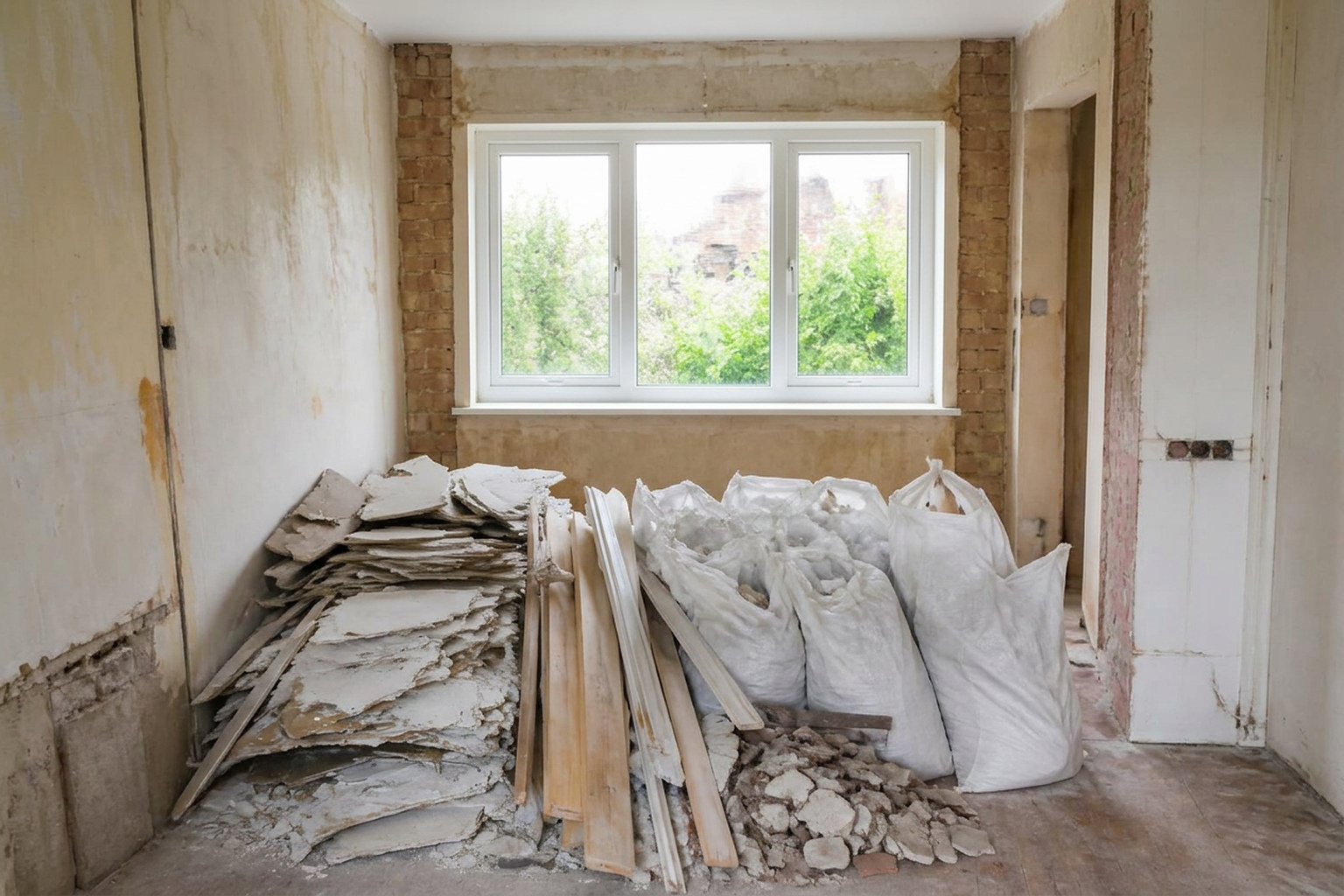 Plasterboard, timber, rubble and builders sacks gathered during a renovation